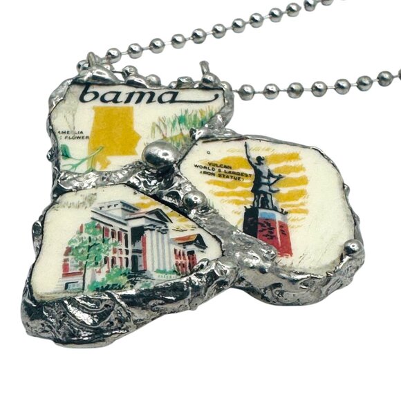 Broken China Pendant Alabama State Commemorative Plate Artisan Metalwork Bezel - Picture 4 of 12